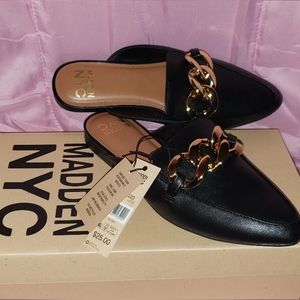 Madden NYC Gold Chain Almond Toe Mule Size 7 Black with box